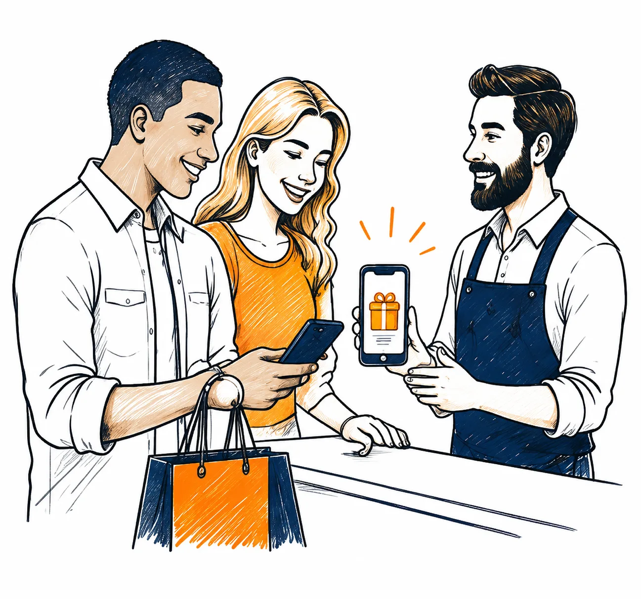 Des clients ravis présentent leur cadeau gagné au commerçant