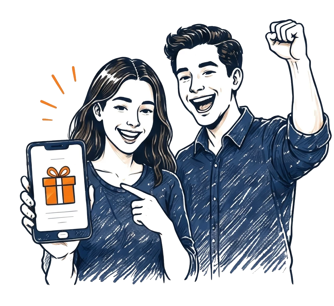 Un couple ravi montre le cadeau gagné sur son téléphone